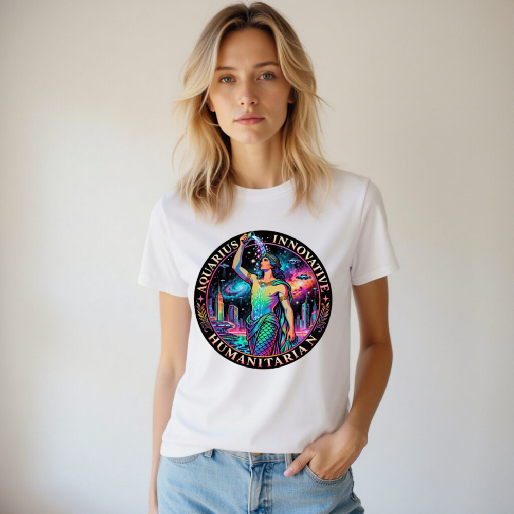 Unisex Organic Cotton T-Shirt - Aquarius Zodiac Design: Innovative Humanitarian, Rainbow Mermaid Cosmic Art - Image 7