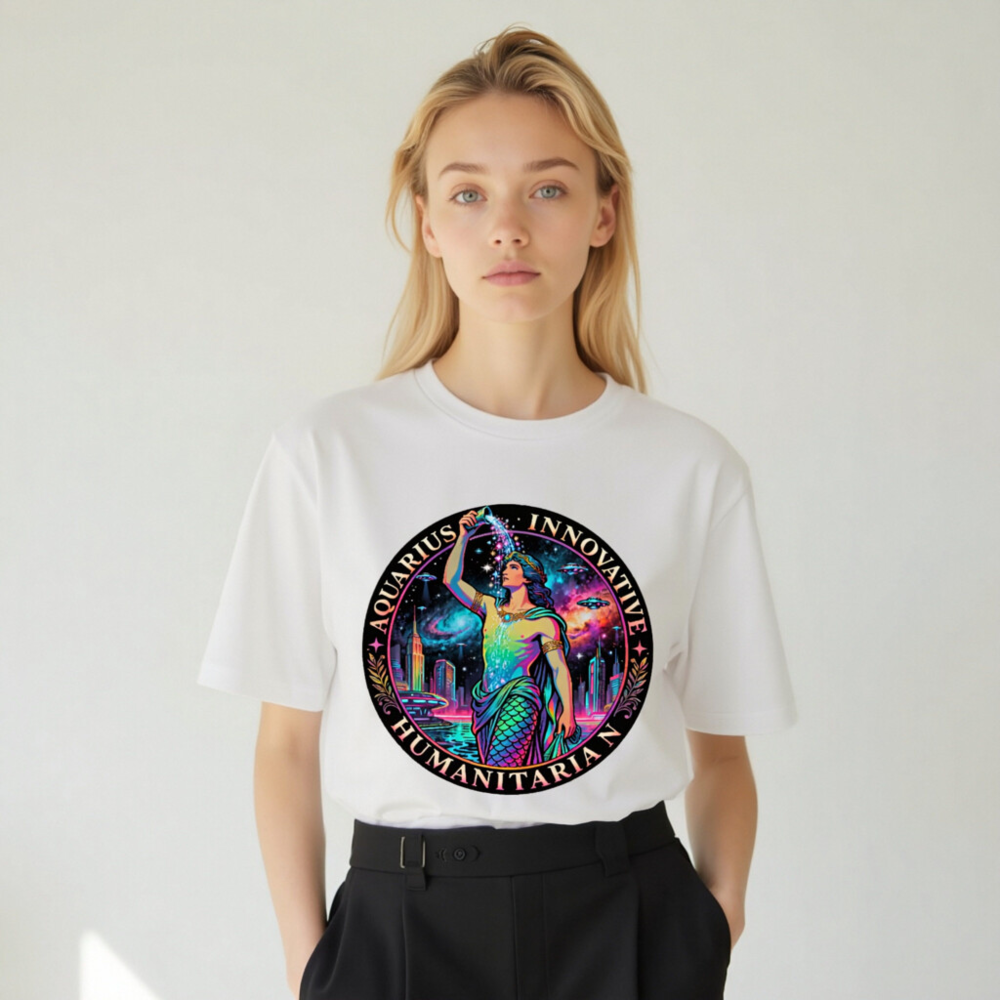 Unisex Organic Cotton T-Shirt - Aquarius Zodiac Design: Innovative Humanitarian, Rainbow Mermaid Cosmic Art - Image 8