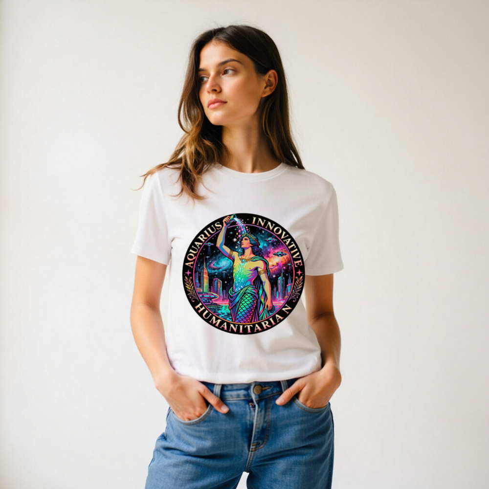 Unisex Organic Cotton T-Shirt - Aquarius Zodiac Design: Innovative Humanitarian, Rainbow Mermaid Cosmic Art - Image 9