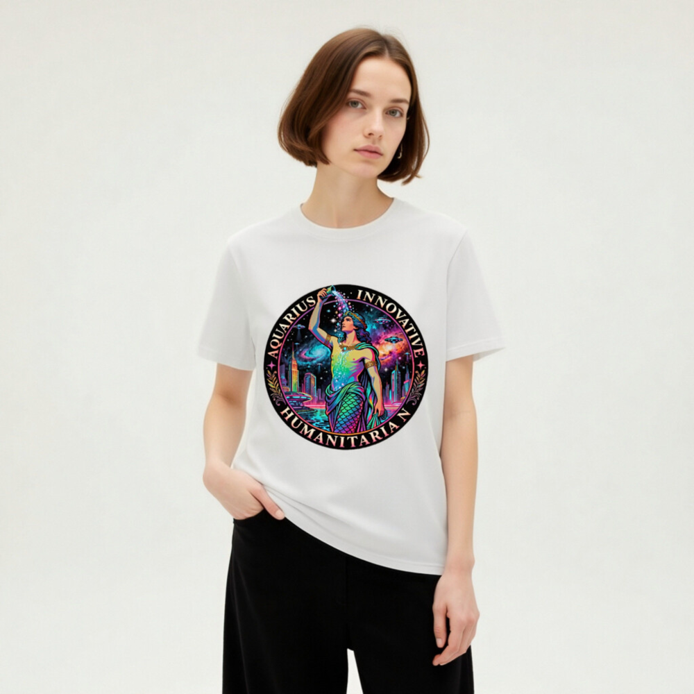 Unisex Organic Cotton T-Shirt - Aquarius Zodiac Design: Innovative Humanitarian, Rainbow Mermaid Cosmic Art - Image 10