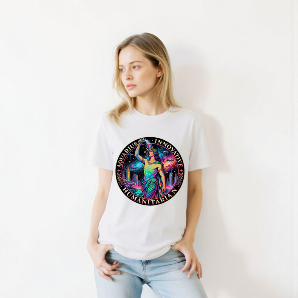 Unisex Organic Cotton T-Shirt - Aquarius Zodiac Design: Innovative Humanitarian, Rainbow Mermaid Cosmic Art - Image 11