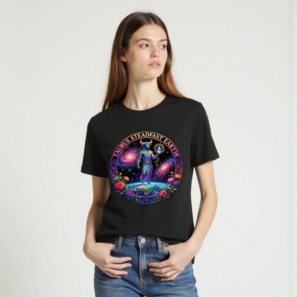 Taurus Steadfast Earth Unisex T-Shirt | Cosmic Bull on Globe with Floral Circle - Image 2
