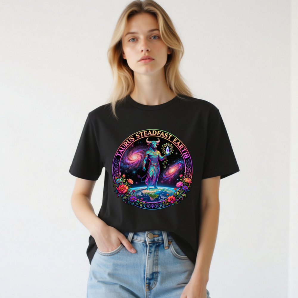 Taurus Steadfast Earth Unisex T-Shirt | Cosmic Bull on Globe with Floral Circle - Image 3