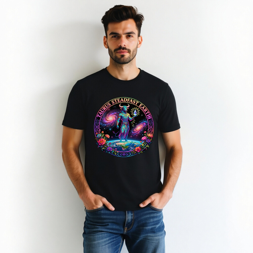 Taurus Steadfast Earth Unisex T-Shirt | Cosmic Bull on Globe with Floral Circle - Image 4