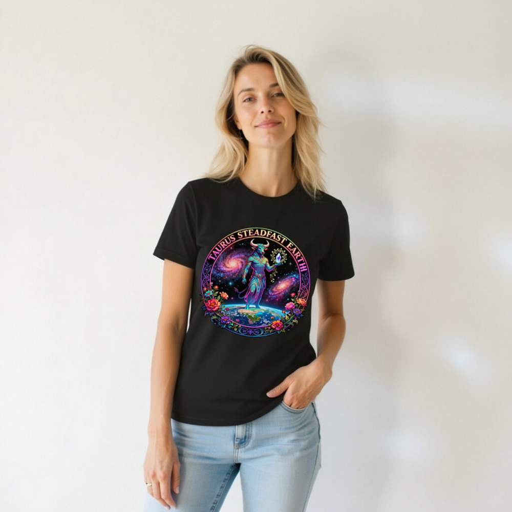 Taurus Steadfast Earth Unisex T-Shirt | Cosmic Bull on Globe with Floral Circle - Image 6