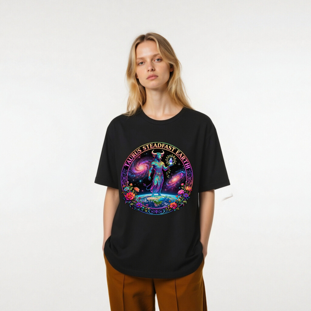 Taurus Steadfast Earth Unisex T-Shirt | Cosmic Bull on Globe with Floral Circle - Image 7