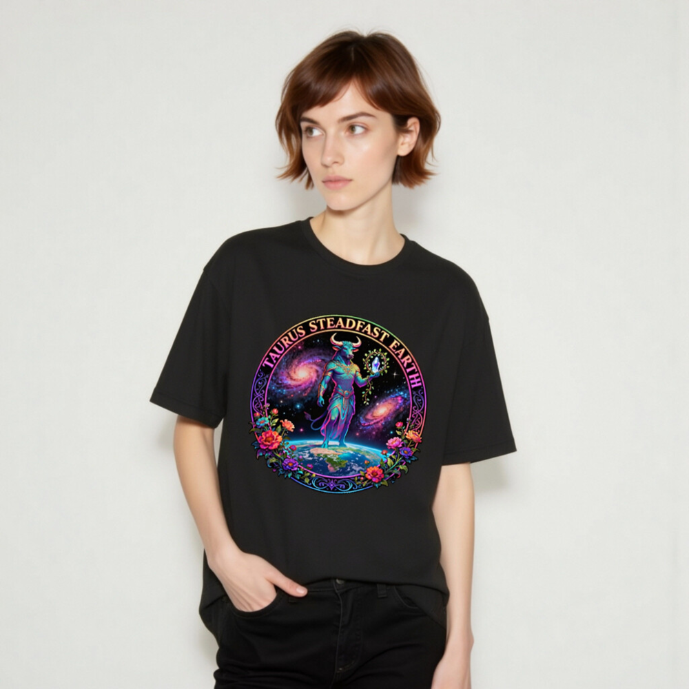 Taurus Steadfast Earth Unisex T-Shirt | Cosmic Bull on Globe with Floral Circle - Image 9
