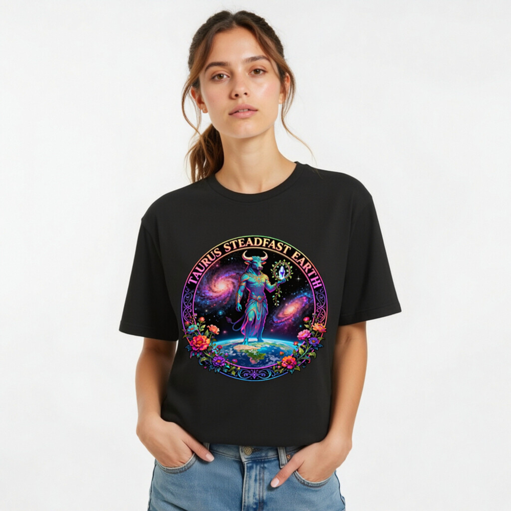 Taurus Steadfast Earth Unisex T-Shirt | Cosmic Bull on Globe with Floral Circle - Image 10