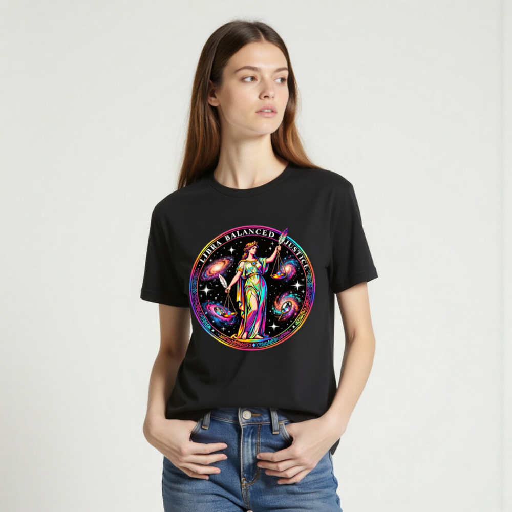 Unisex Rainbow Libra Balanced Justice T-Shirt - Cosmic Scales Design - Image 2