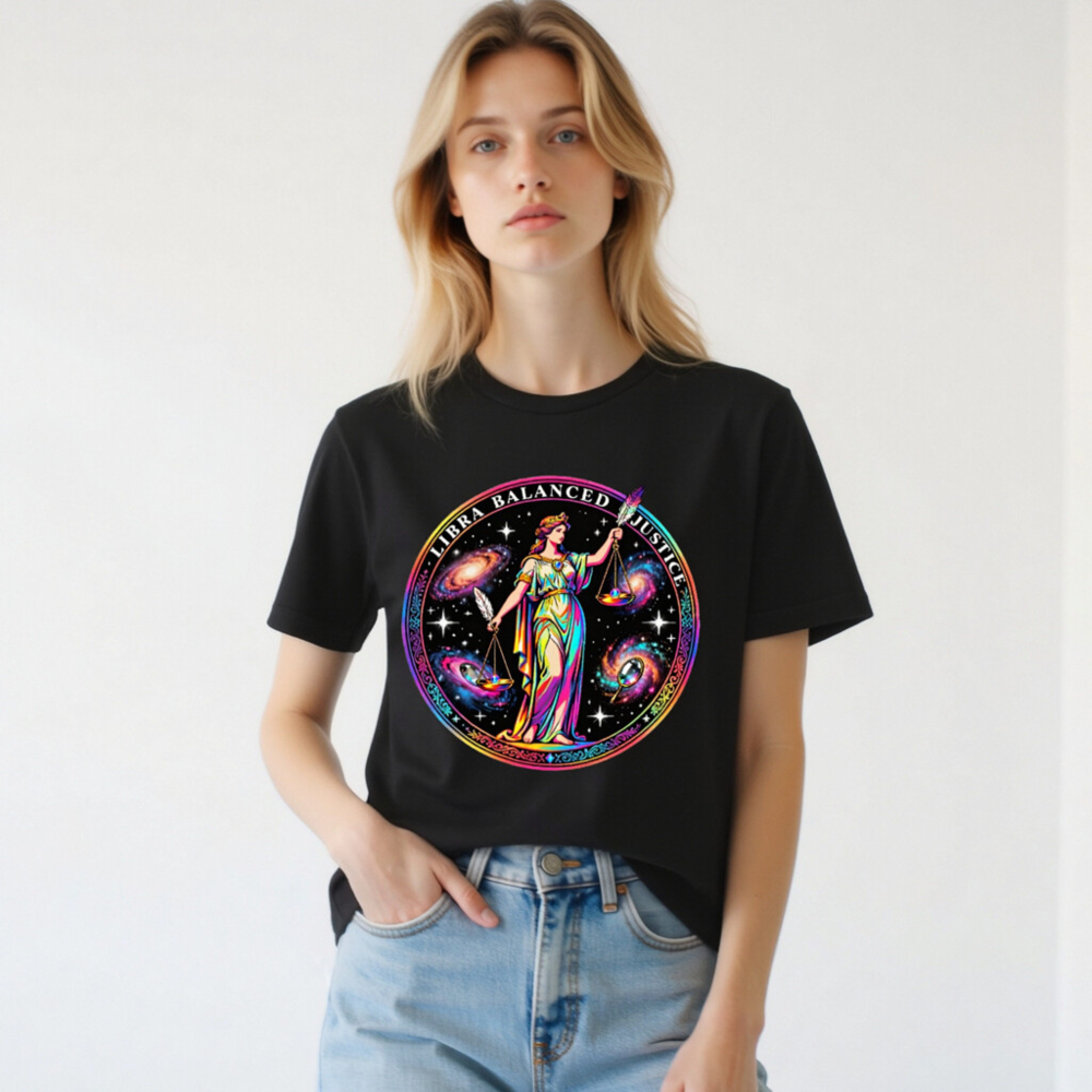 Unisex Rainbow Libra Balanced Justice T-Shirt - Cosmic Scales Design - Image 3