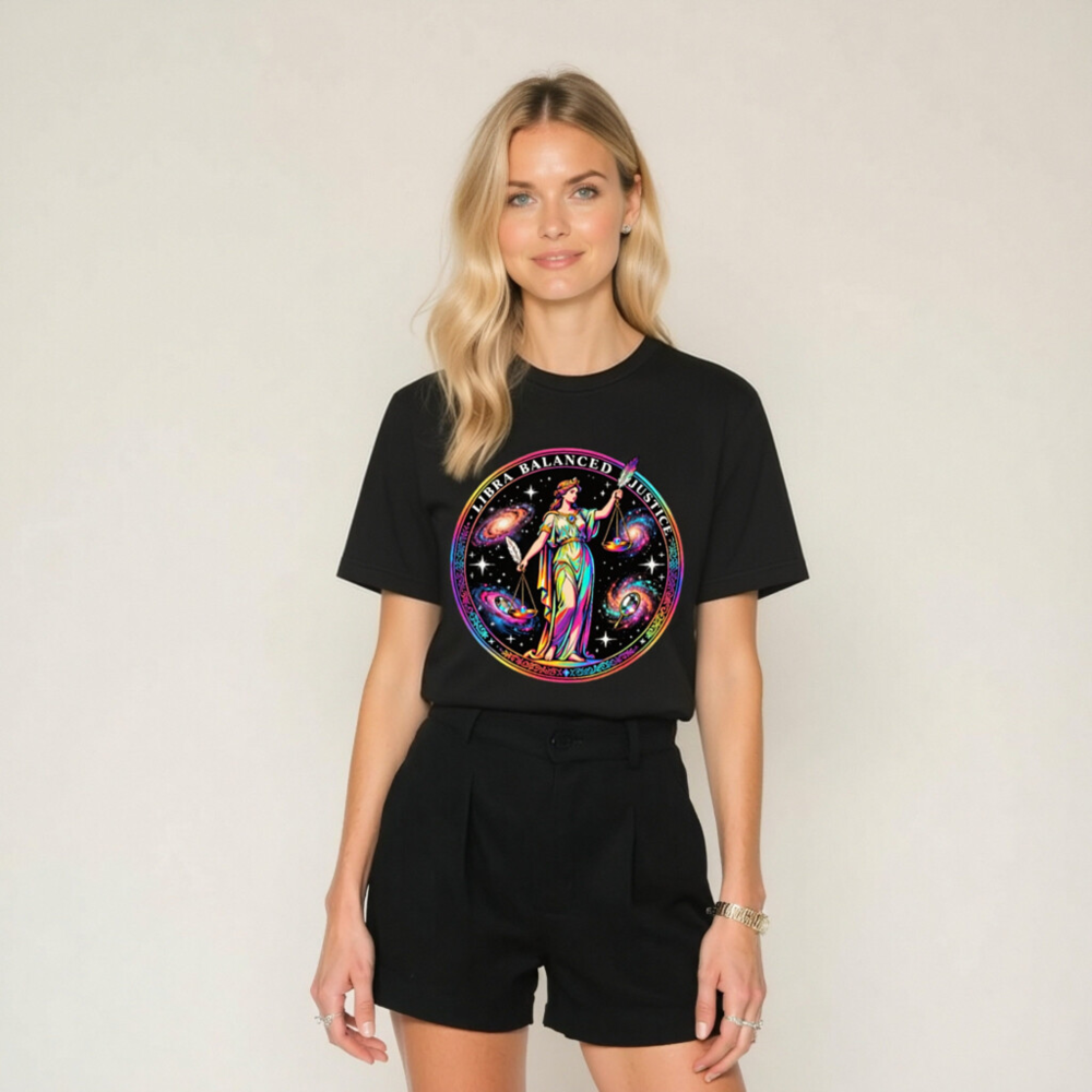 Unisex Rainbow Libra Balanced Justice T-Shirt - Cosmic Scales Design - Image 7