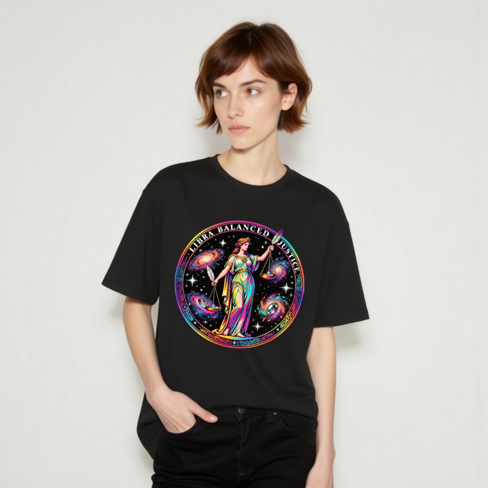 Unisex Rainbow Libra Balanced Justice T-Shirt - Cosmic Scales Design - Image 8