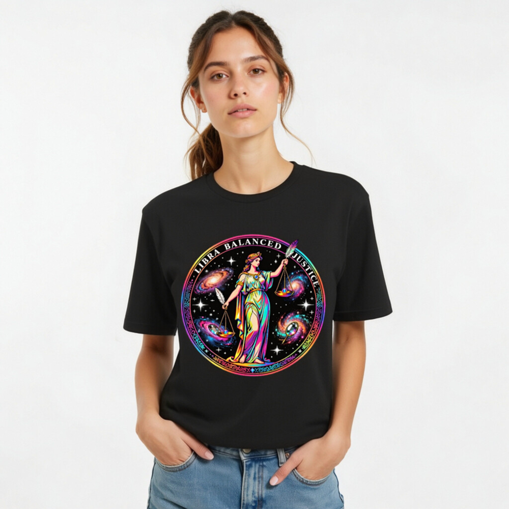 Unisex Rainbow Libra Balanced Justice T-Shirt - Cosmic Scales Design - Image 9