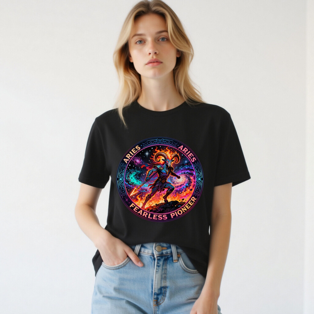 Aries Fearless Pioneer Unisex T-Shirt - Cosmic Ram Warrior Design - Image 3