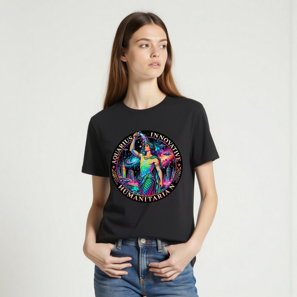 Unisex Aquarius T-Shirt - Innovative Humanitarian Mermaid Design, Neon Galaxy Print - Image 2