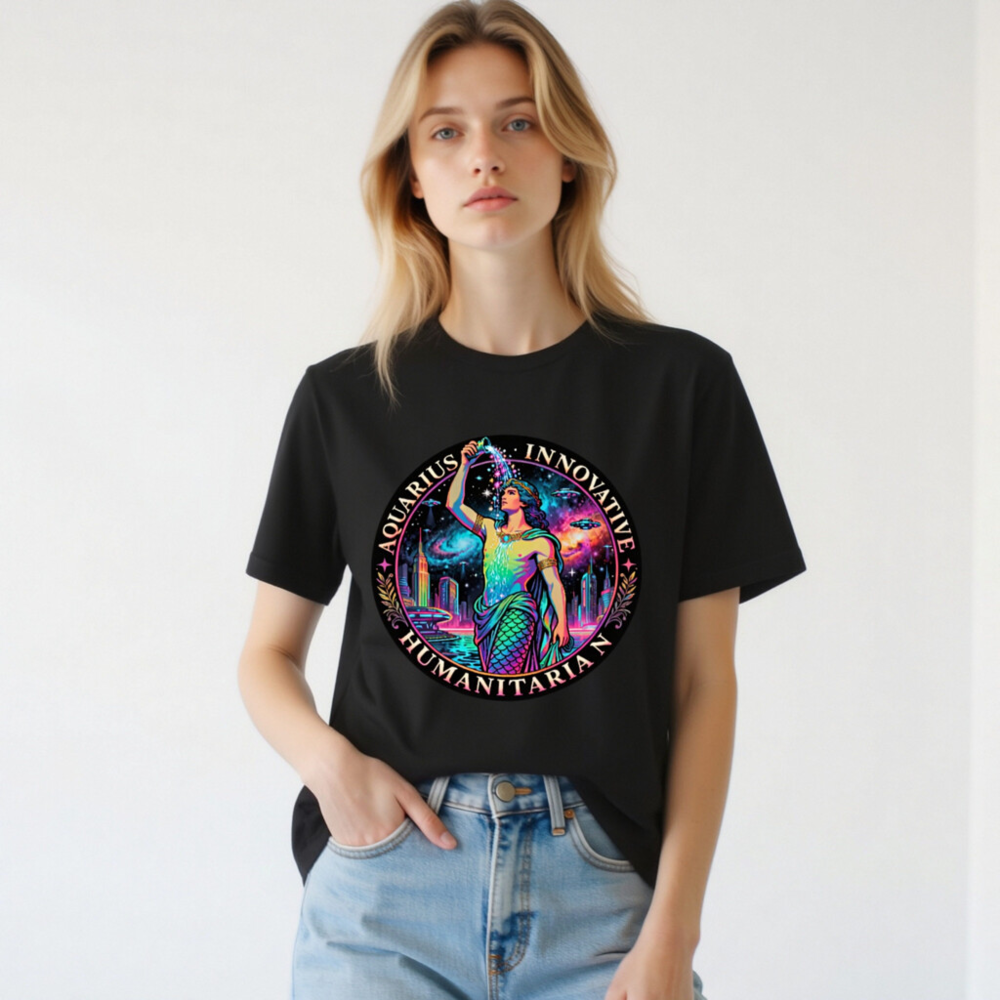 Unisex Aquarius T-Shirt - Innovative Humanitarian Mermaid Design, Neon Galaxy Print - Image 3