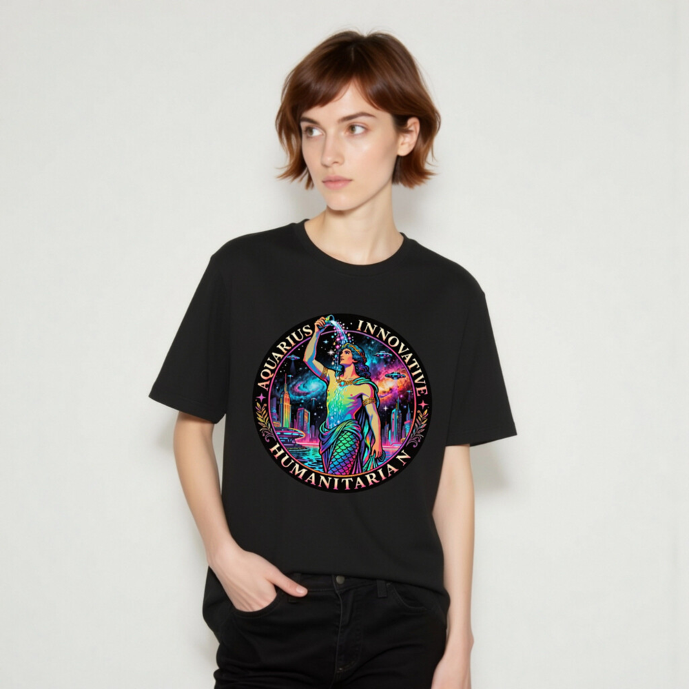 Unisex Aquarius T-Shirt - Innovative Humanitarian Mermaid Design, Neon Galaxy Print - Image 9