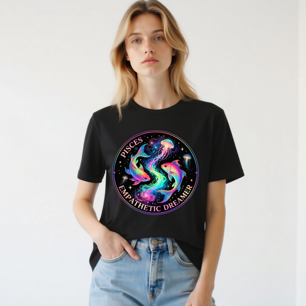 Pisces Empathetic Dreamer Unisex T-Shirt | Cosmic Fish & Jellyfish Design - Image 3