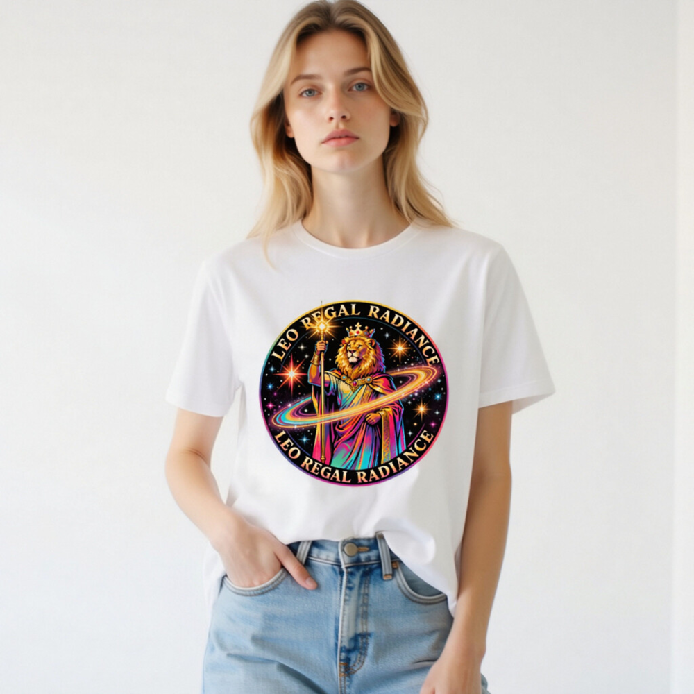Leo Regal Radiance Unisex T-Shirt - Cosmic Lion King Design - Image 2