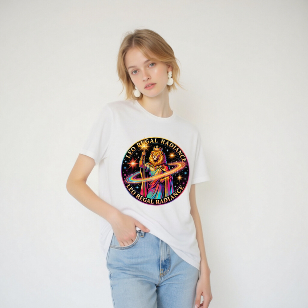 Leo Regal Radiance Unisex T-Shirt - Cosmic Lion King Design - Image 4