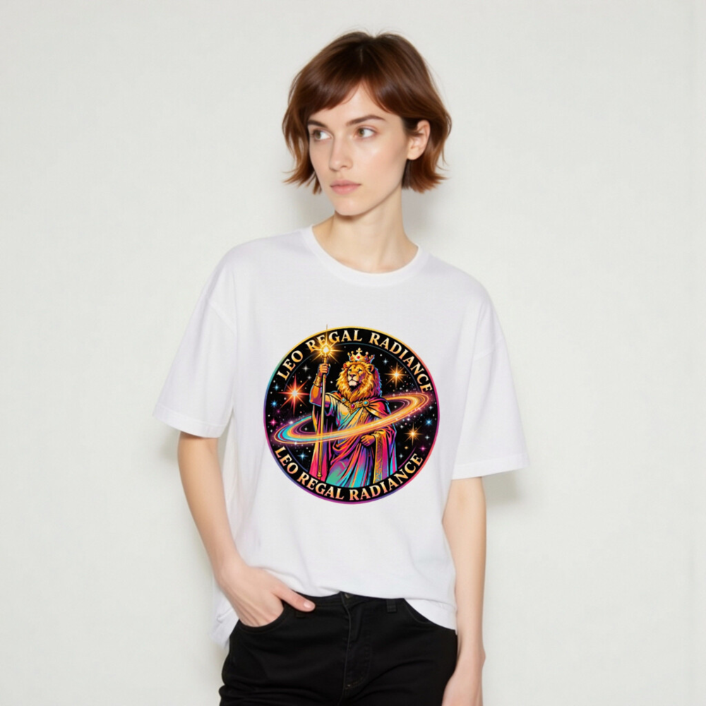 Leo Regal Radiance Unisex T-Shirt - Cosmic Lion King Design - Image 9