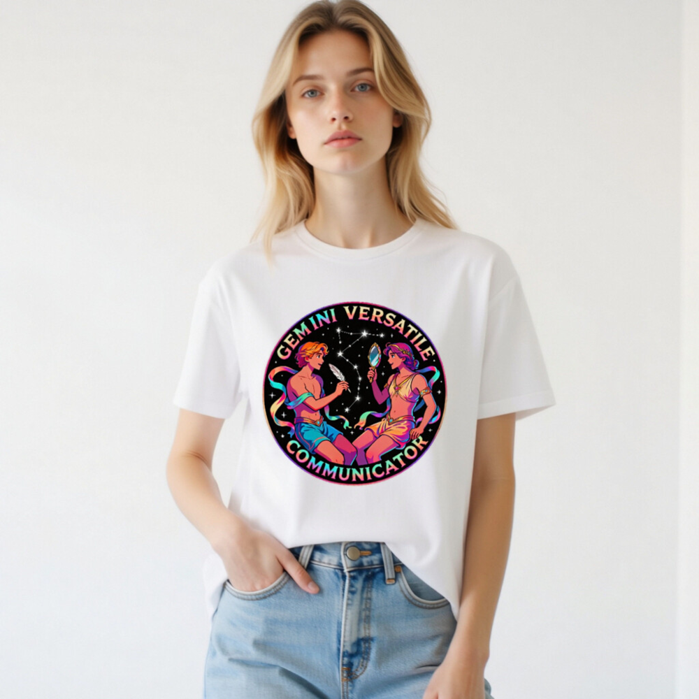 Gemini Versatile Communicator Unisex T-Shirt - Cosmic Twin Design - Image 2