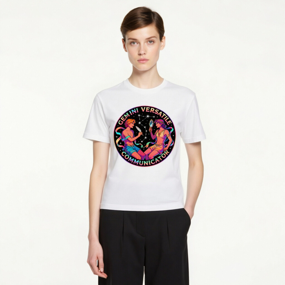 Gemini Versatile Communicator Unisex T-Shirt - Cosmic Twin Design - Image 3