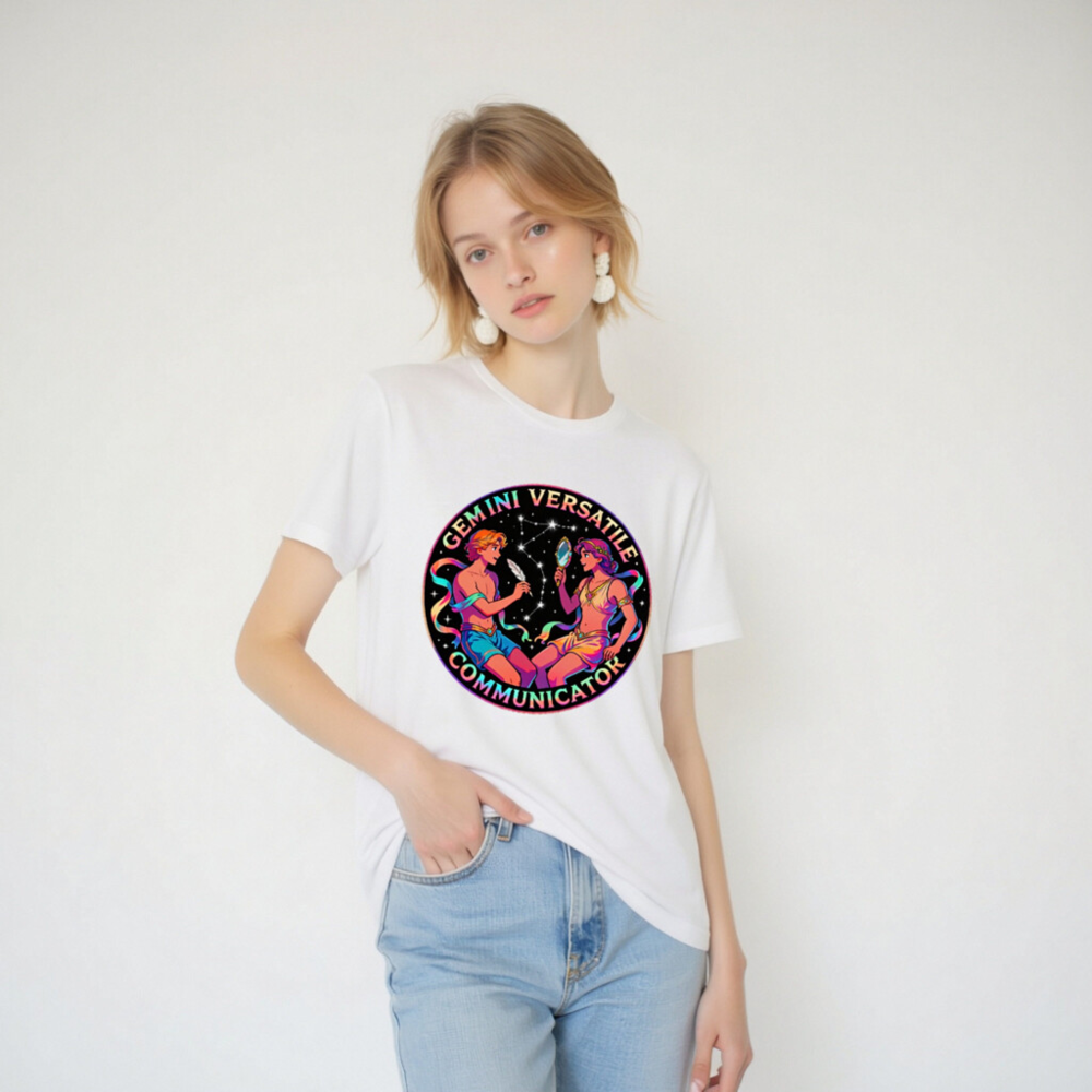 Gemini Versatile Communicator Unisex T-Shirt - Cosmic Twin Design - Image 4