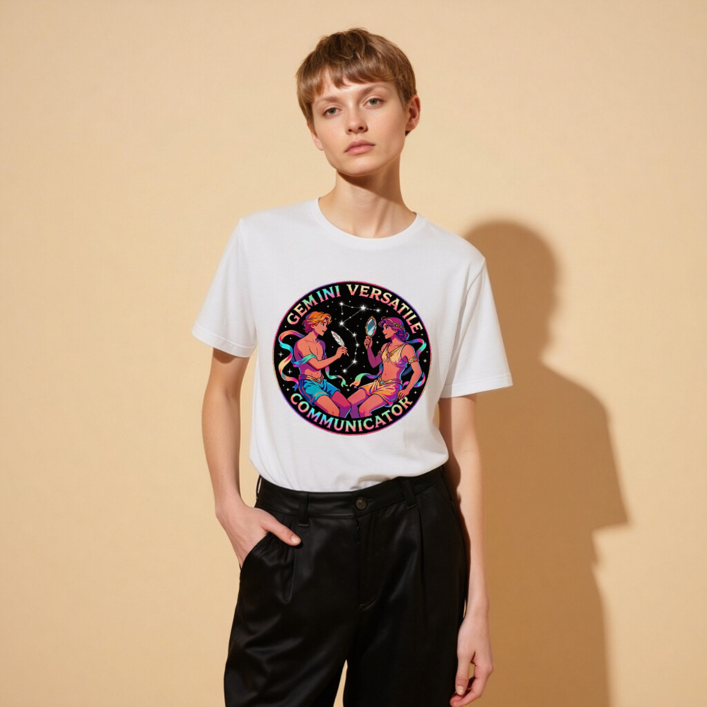 Gemini Versatile Communicator Unisex T-Shirt - Cosmic Twin Design - Image 11