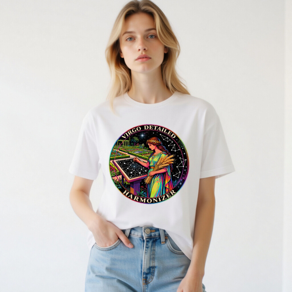 Virgo Detailed Harmonizer Unisex T-Shirt - Rainbow Virgo Goddess Astrology Design - Image 2