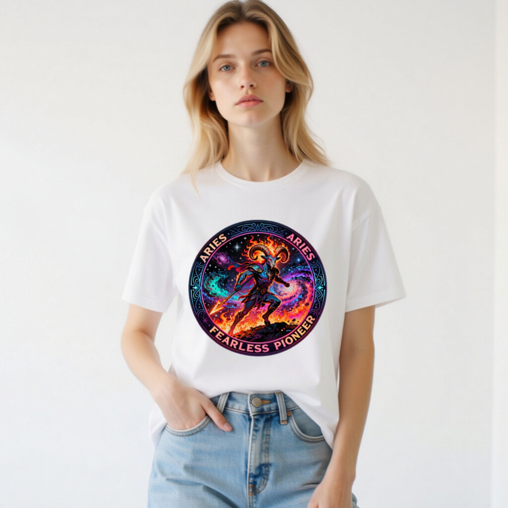 Aries Fearless Pioneer Unisex T-Shirt | Cosmic Ram Warrior Design - Image 2