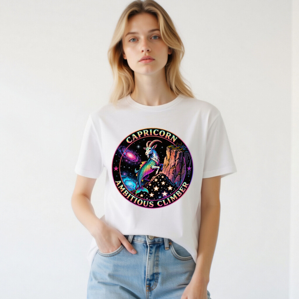 Capricorn Ambitious Climber Unisex T-Shirt - Rainbow Goat Cosmic Design - Image 2