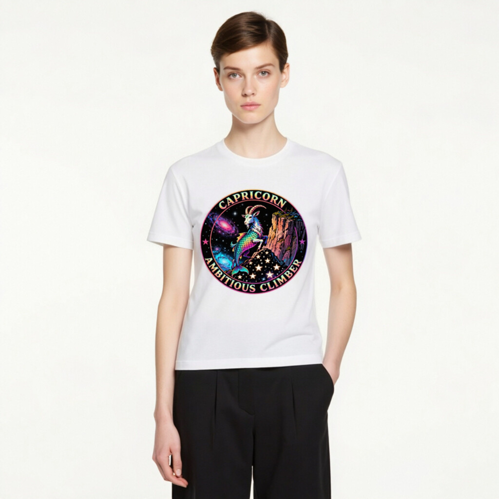 Capricorn Ambitious Climber Unisex T-Shirt - Rainbow Goat Cosmic Design - Image 3