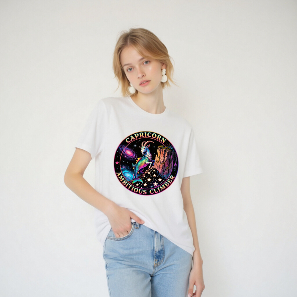 Capricorn Ambitious Climber Unisex T-Shirt - Rainbow Goat Cosmic Design - Image 4