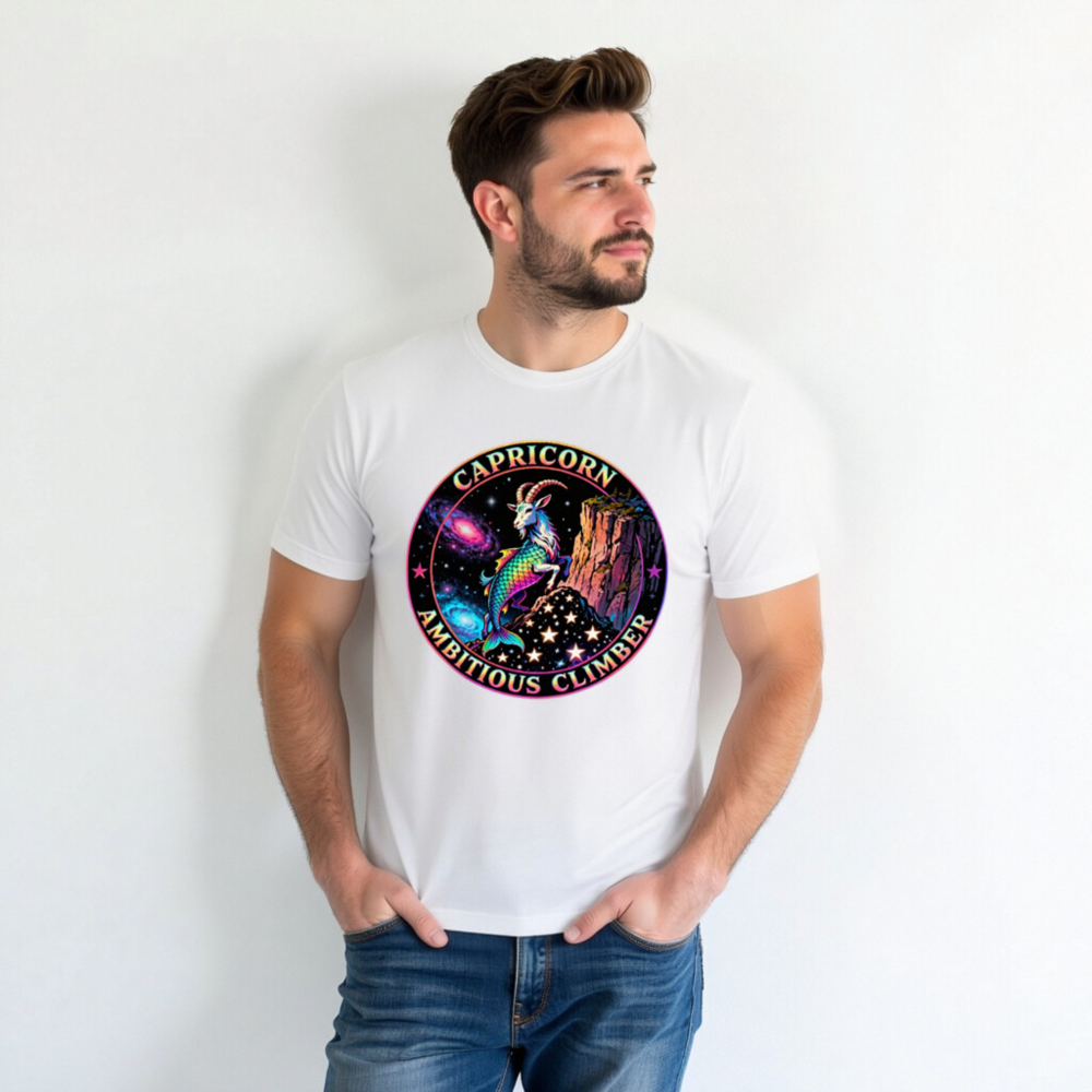 Capricorn Ambitious Climber Unisex T-Shirt - Rainbow Goat Cosmic Design - Image 5