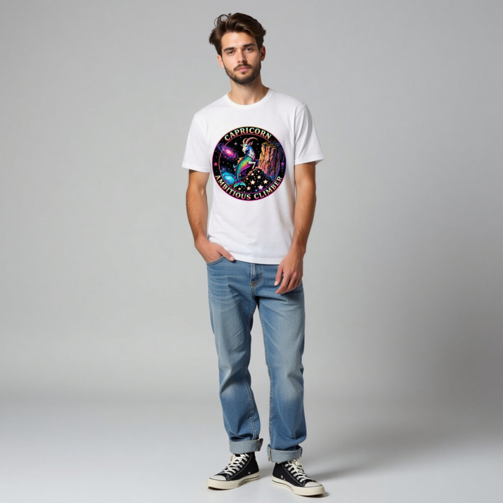 Capricorn Ambitious Climber Unisex T-Shirt - Rainbow Goat Cosmic Design - Image 6