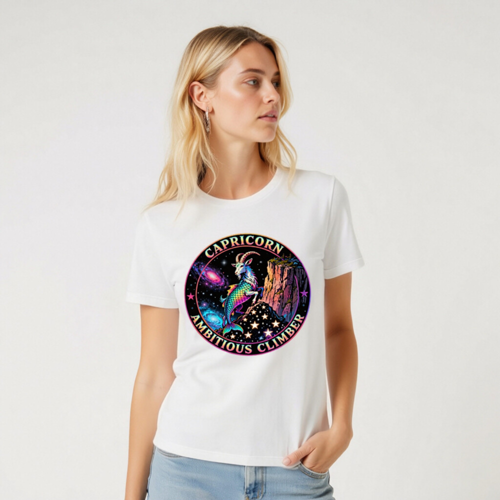 Capricorn Ambitious Climber Unisex T-Shirt - Rainbow Goat Cosmic Design - Image 7