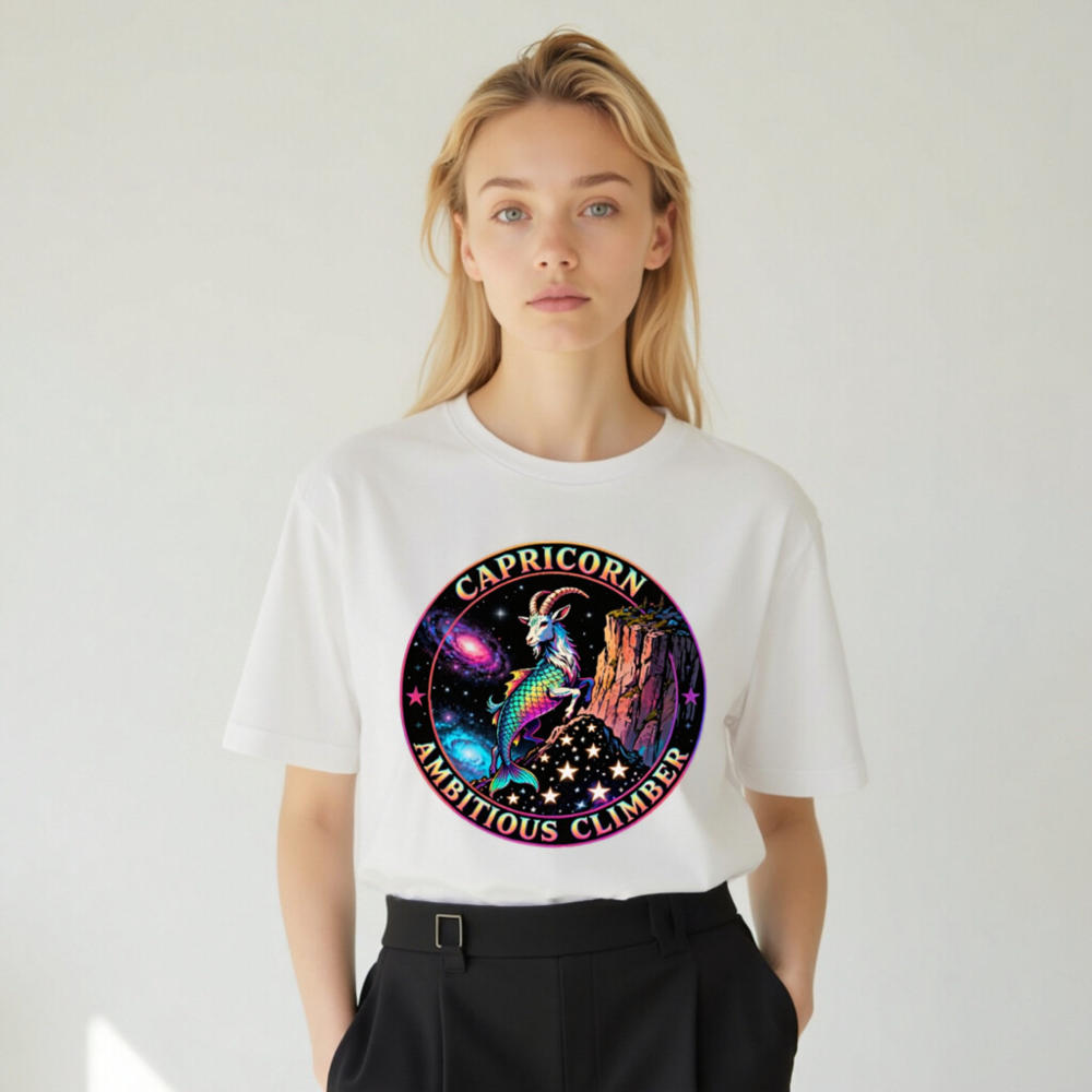 Capricorn Ambitious Climber Unisex T-Shirt - Rainbow Goat Cosmic Design - Image 8
