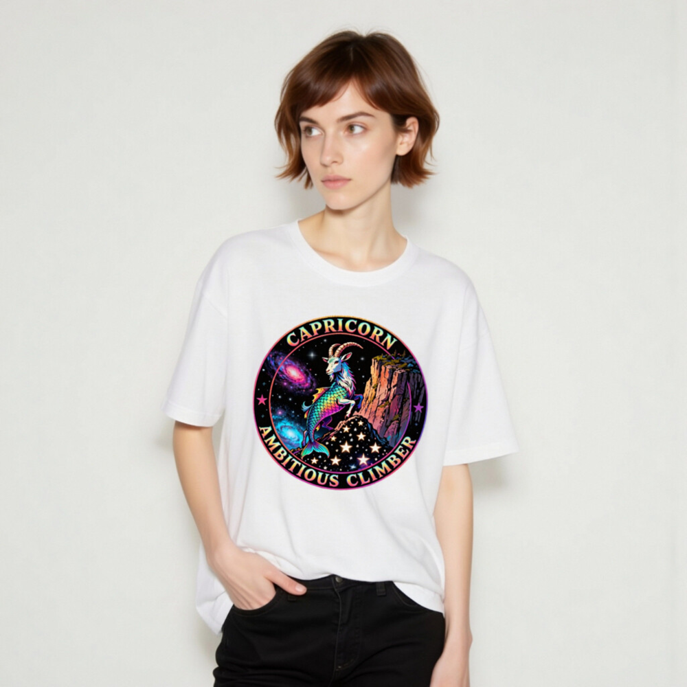 Capricorn Ambitious Climber Unisex T-Shirt - Rainbow Goat Cosmic Design - Image 9