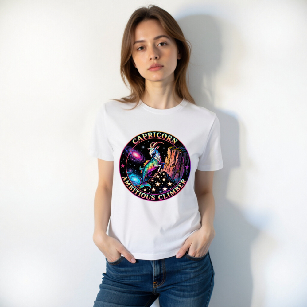 Capricorn Ambitious Climber Unisex T-Shirt - Rainbow Goat Cosmic Design - Image 10