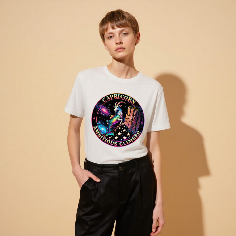 Capricorn Ambitious Climber Unisex T-Shirt - Rainbow Goat Cosmic Design - Image 11