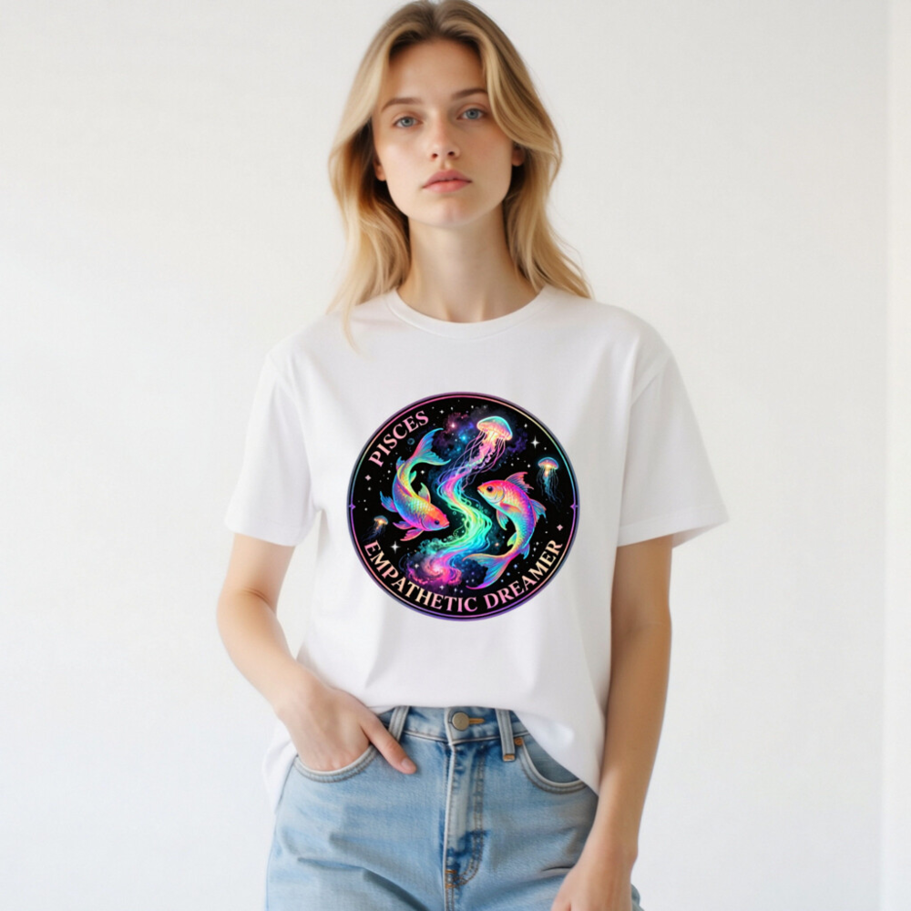 Pisces Empathetic Dreamer Unisex T-Shirt | Rainbow Fish & Jellyfish Cosmic Design - Image 2