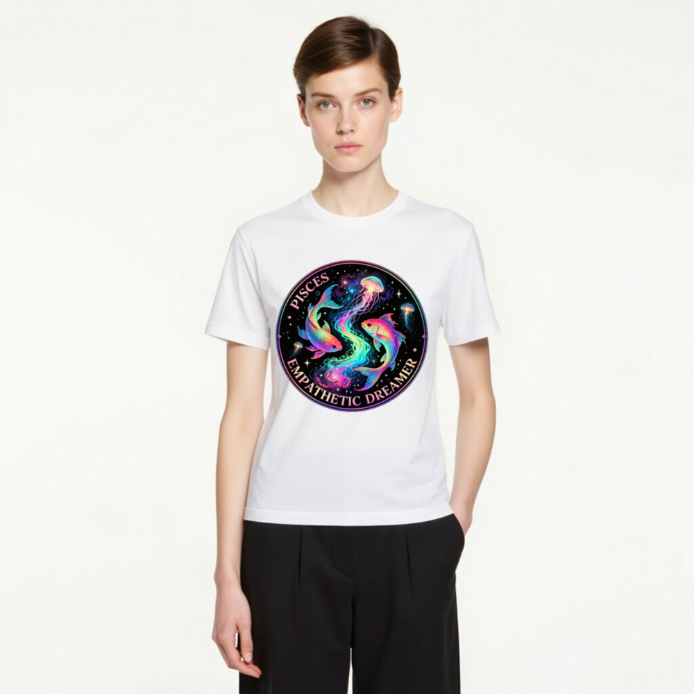 Pisces Empathetic Dreamer Unisex T-Shirt | Rainbow Fish & Jellyfish Cosmic Design - Image 3