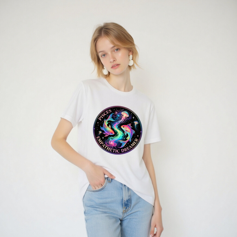 Pisces Empathetic Dreamer Unisex T-Shirt | Rainbow Fish & Jellyfish Cosmic Design - Image 4