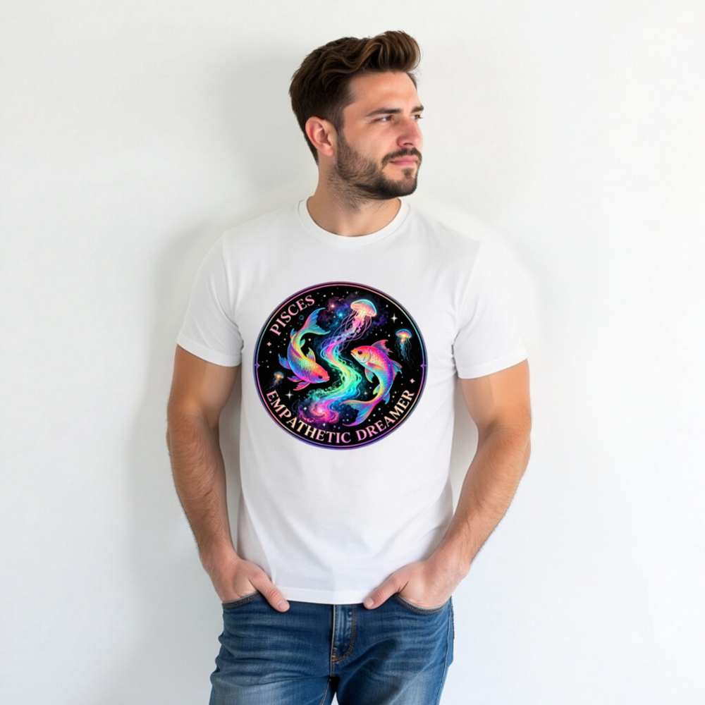 Pisces Empathetic Dreamer Unisex T-Shirt | Rainbow Fish & Jellyfish Cosmic Design - Image 5
