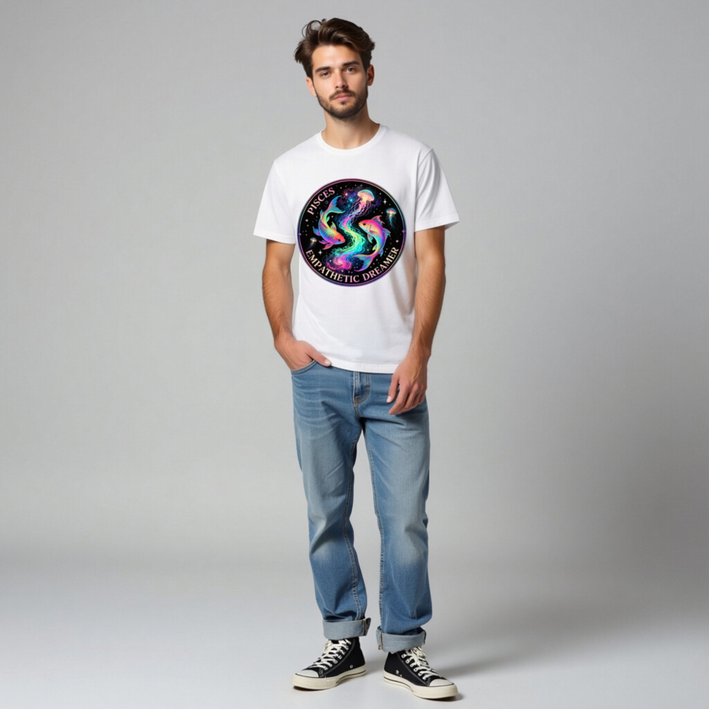Pisces Empathetic Dreamer Unisex T-Shirt | Rainbow Fish & Jellyfish Cosmic Design - Image 6