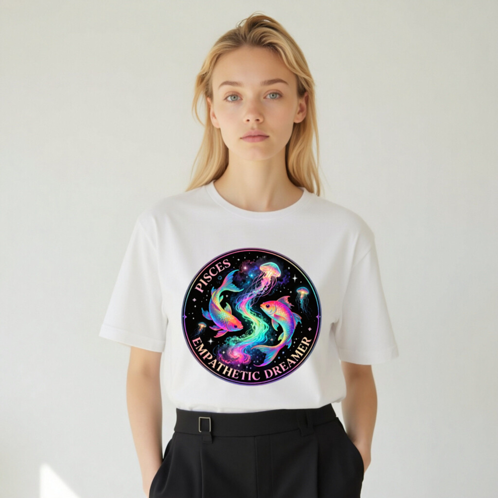 Pisces Empathetic Dreamer Unisex T-Shirt | Rainbow Fish & Jellyfish Cosmic Design - Image 8