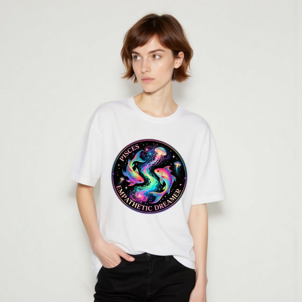 Pisces Empathetic Dreamer Unisex T-Shirt | Rainbow Fish & Jellyfish Cosmic Design - Image 9