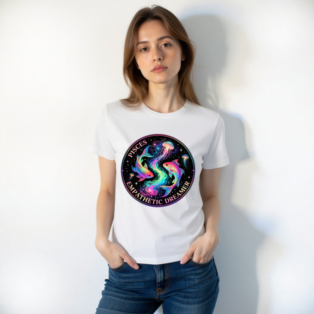 Pisces Empathetic Dreamer Unisex T-Shirt | Rainbow Fish & Jellyfish Cosmic Design - Image 10