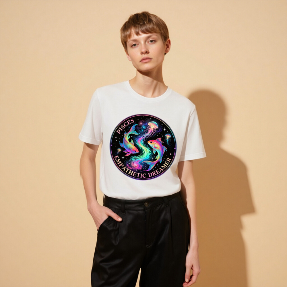 Pisces Empathetic Dreamer Unisex T-Shirt | Rainbow Fish & Jellyfish Cosmic Design - Image 11